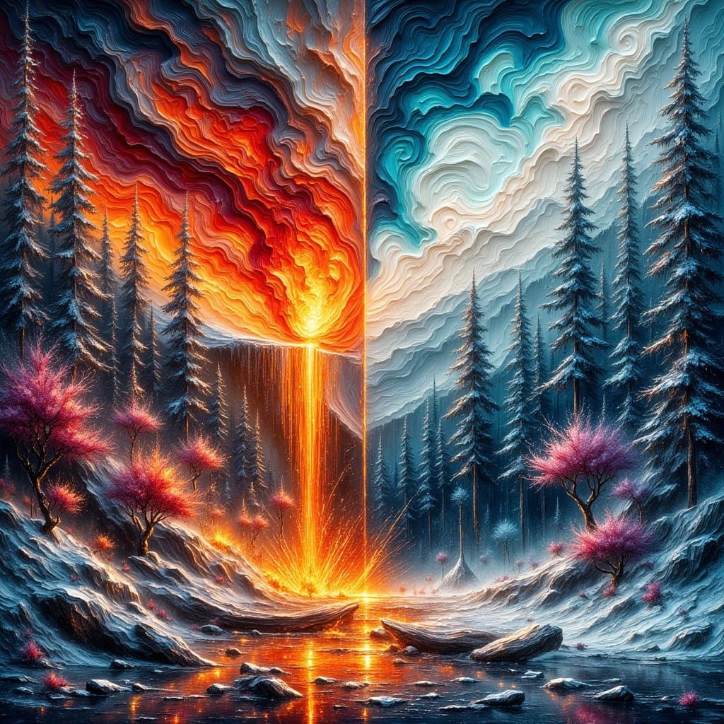 Volcano Meets Snowy Forest in Impasto Painting