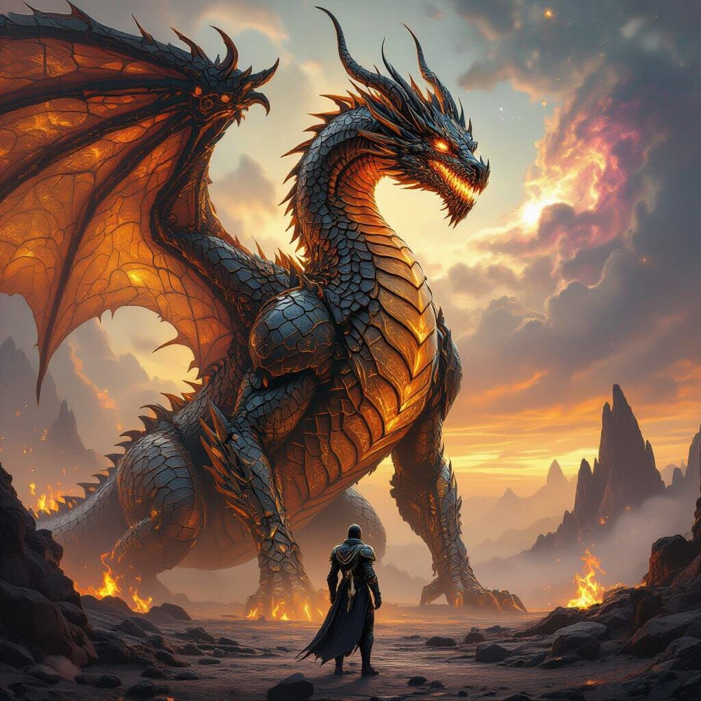 Cybernetic Dragon and Rider in Post-Apocalyptic Multiverse