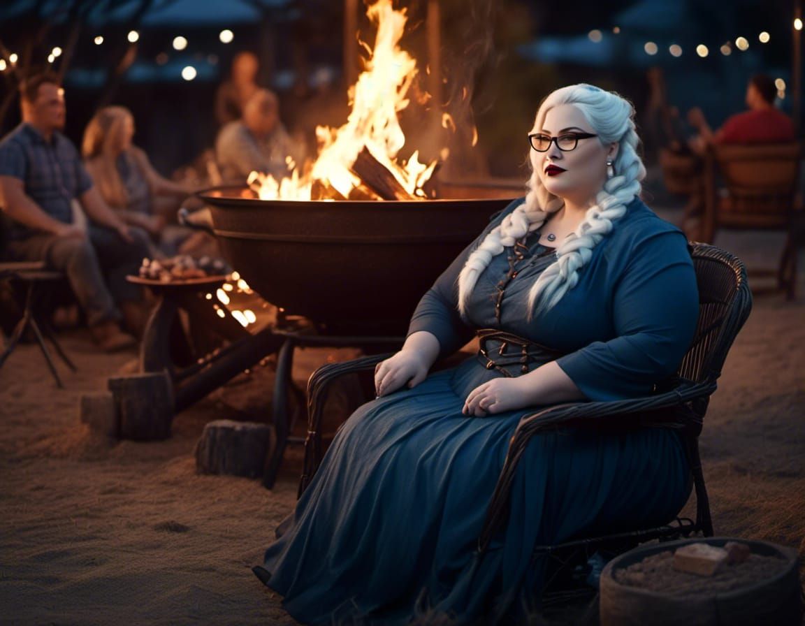 Curvy Woman by Fire Pit in Detailed Matte Painting