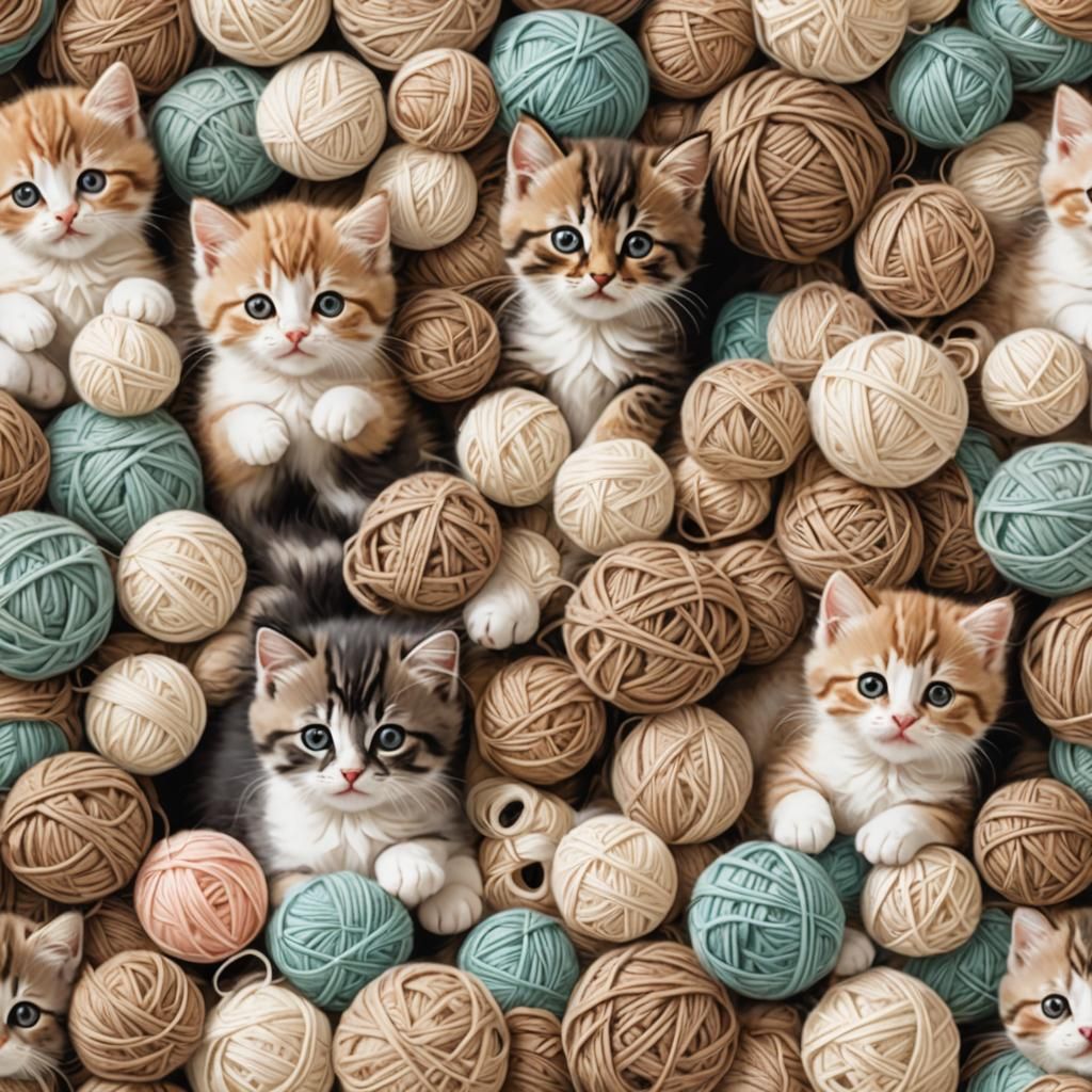 Cute Kittens Playing with Wool, Pastel Colors