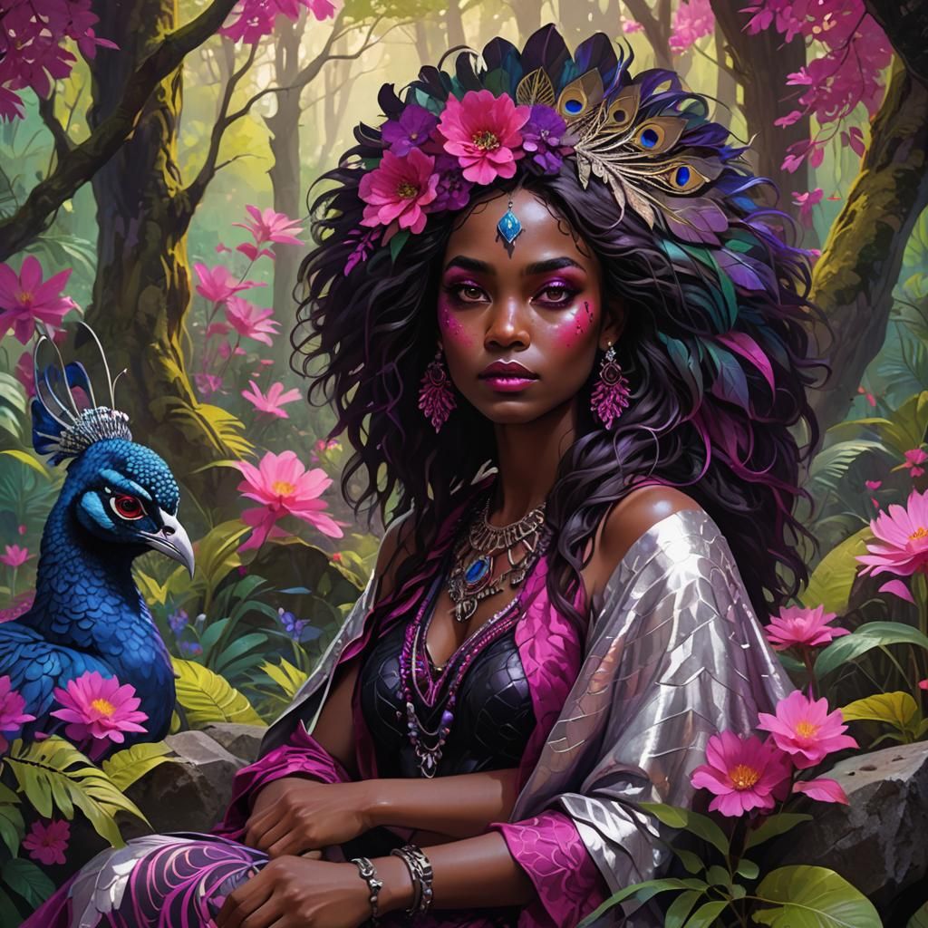 Peacock Haired Woman in Mystical Forest, Dark Fantasy Art