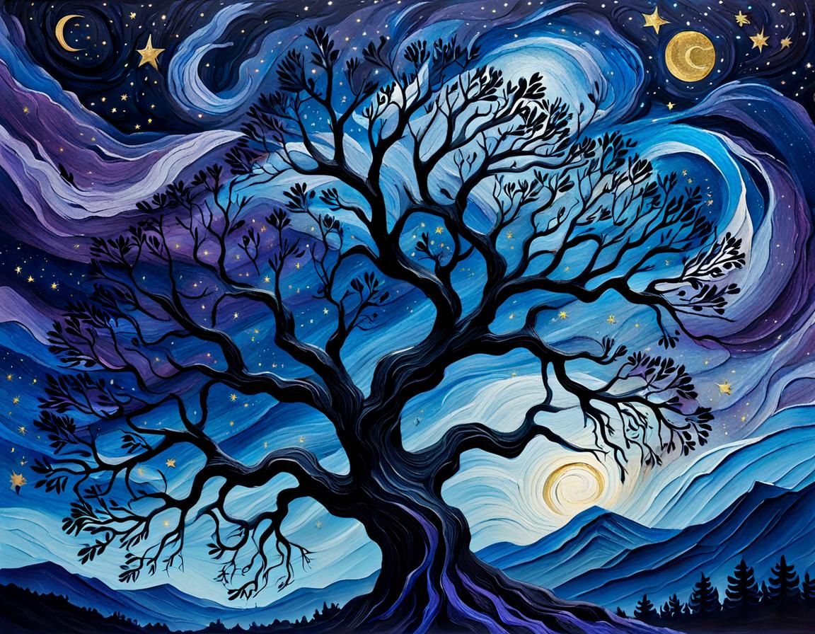 Gnarled Tree Silhouette in Starry Night Sky