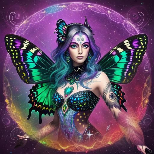 Butterfly Woman with Rainbow Dots and Peacock Feathers