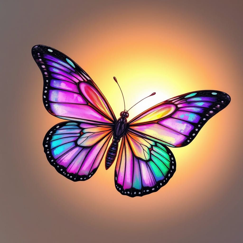 Delicate Butterfly in Iridescent Hues, Set against Warm Ligh...