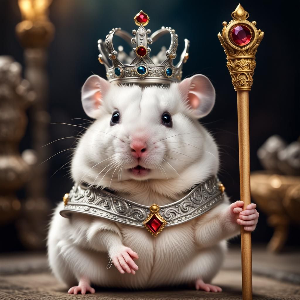 Hyperrealistic Hamster King with Crown and Jewel Staff
