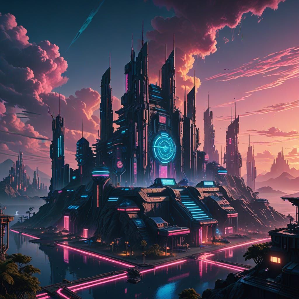 Cyberpunk Island in Vibrant Sunset Glory