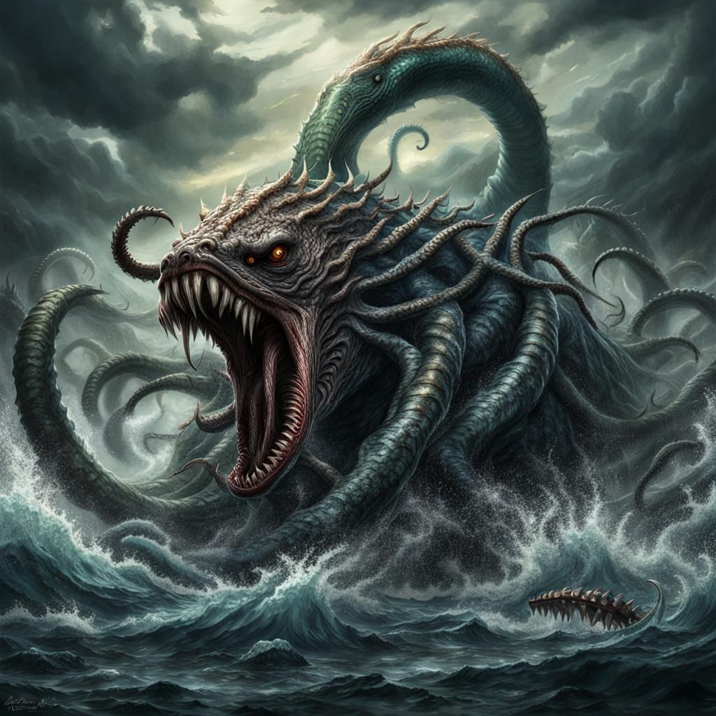 Epic Sea Monster Feeding Frenzy in Hyperrealistic Style