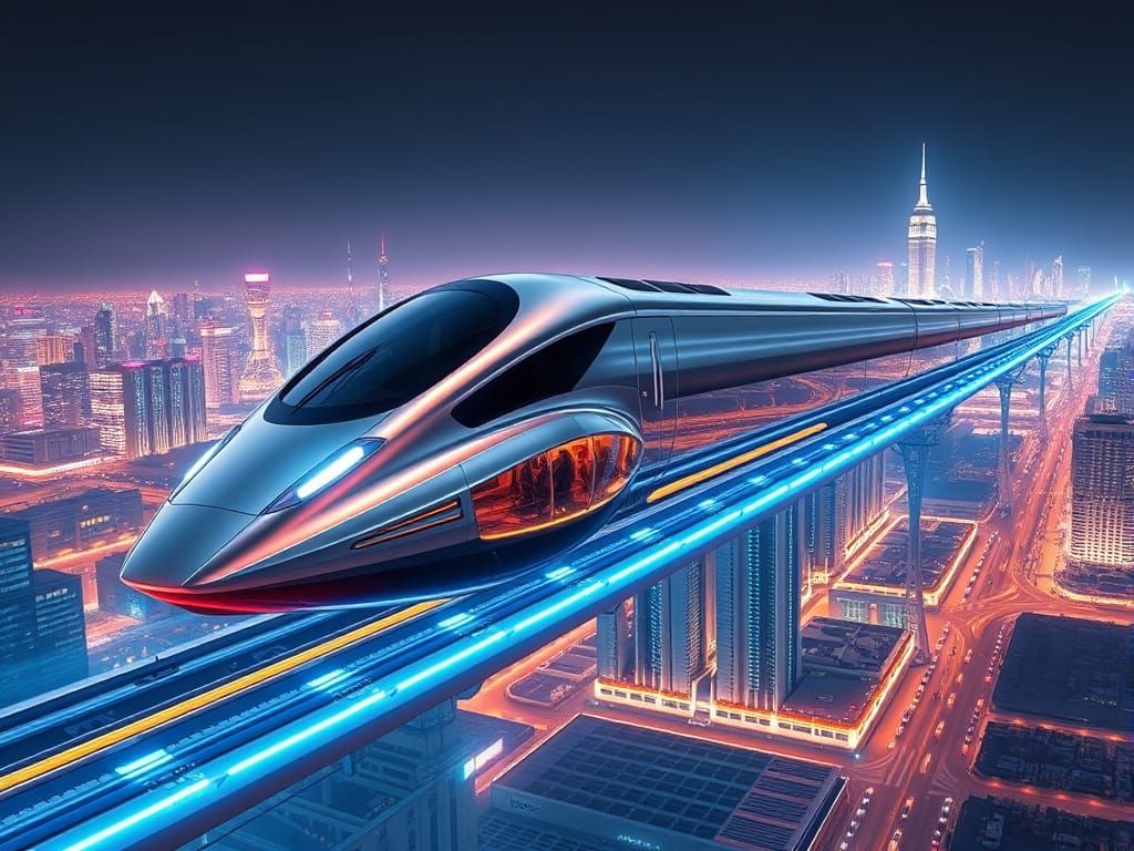 Futuristic Train Hovers Above Glowing Energy Track in Neon C...