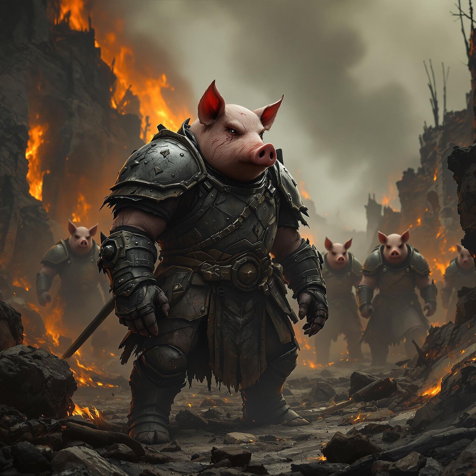 Armored Pig Leading Warriors in Dystopian Landscape