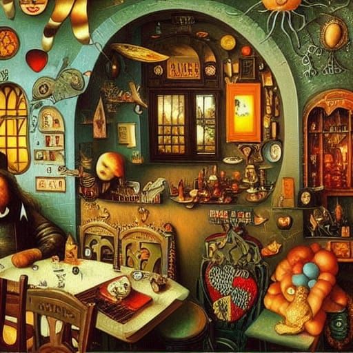 Surreal Night Cafe Dreamscape, Whimsical Digital Art