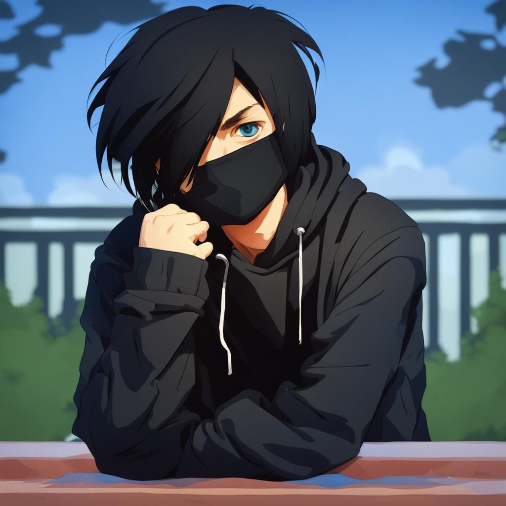 Boy with Black Hair, Mask, and Blue Eyes