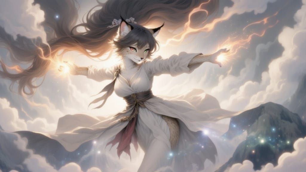 Fantasy Anime Lynx Goddess Conjuring Flames