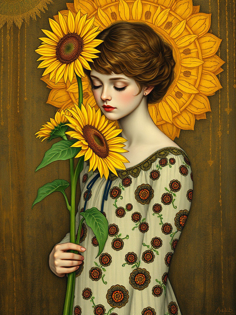 Girl with Sunflower in Burton-Klimt-Doré Style