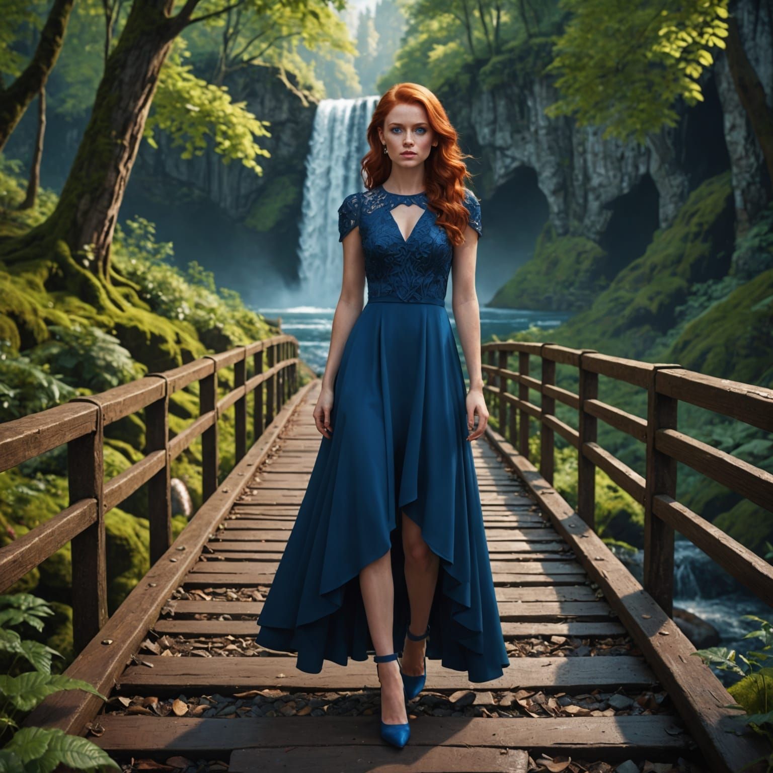 Redhead on Forest Bridge: Fantasy Art