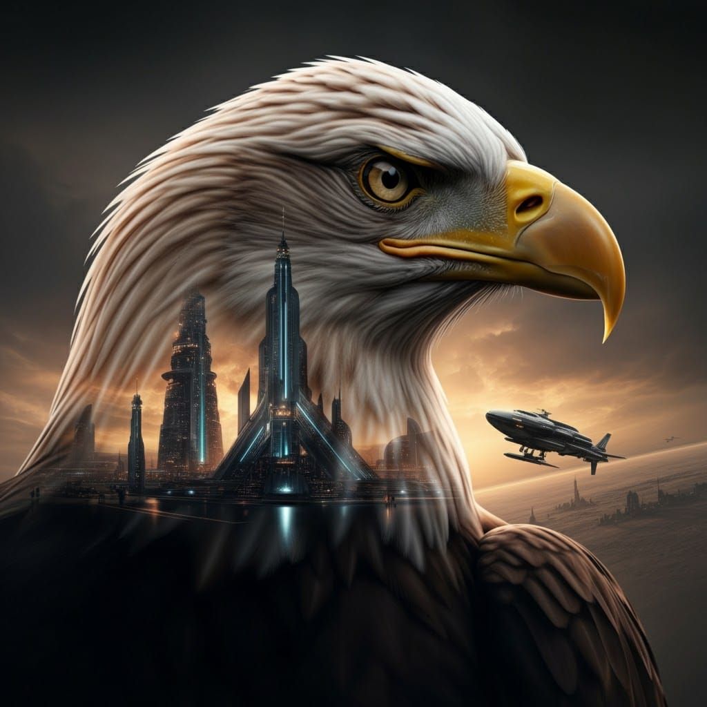 Eagle Silhouette Merged with Lunar Cityscape
