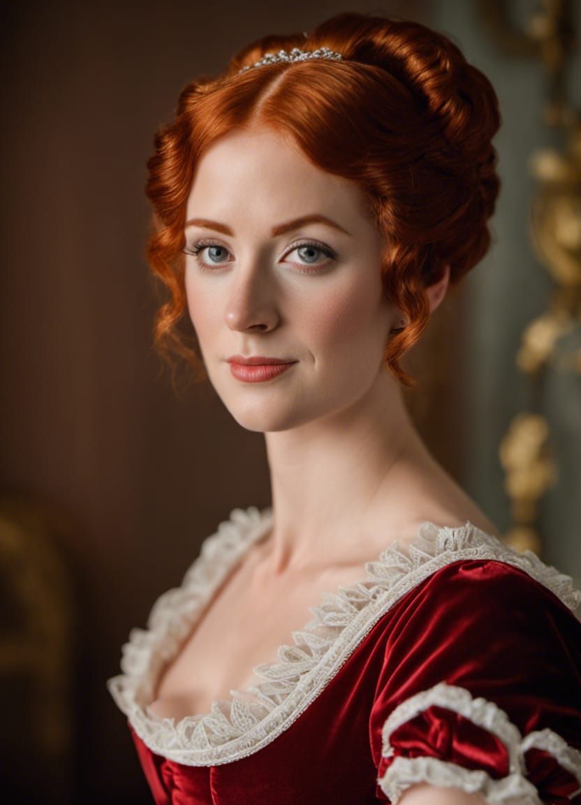 Red-Haired Woman in Red Velvet Regency Dress Portrait