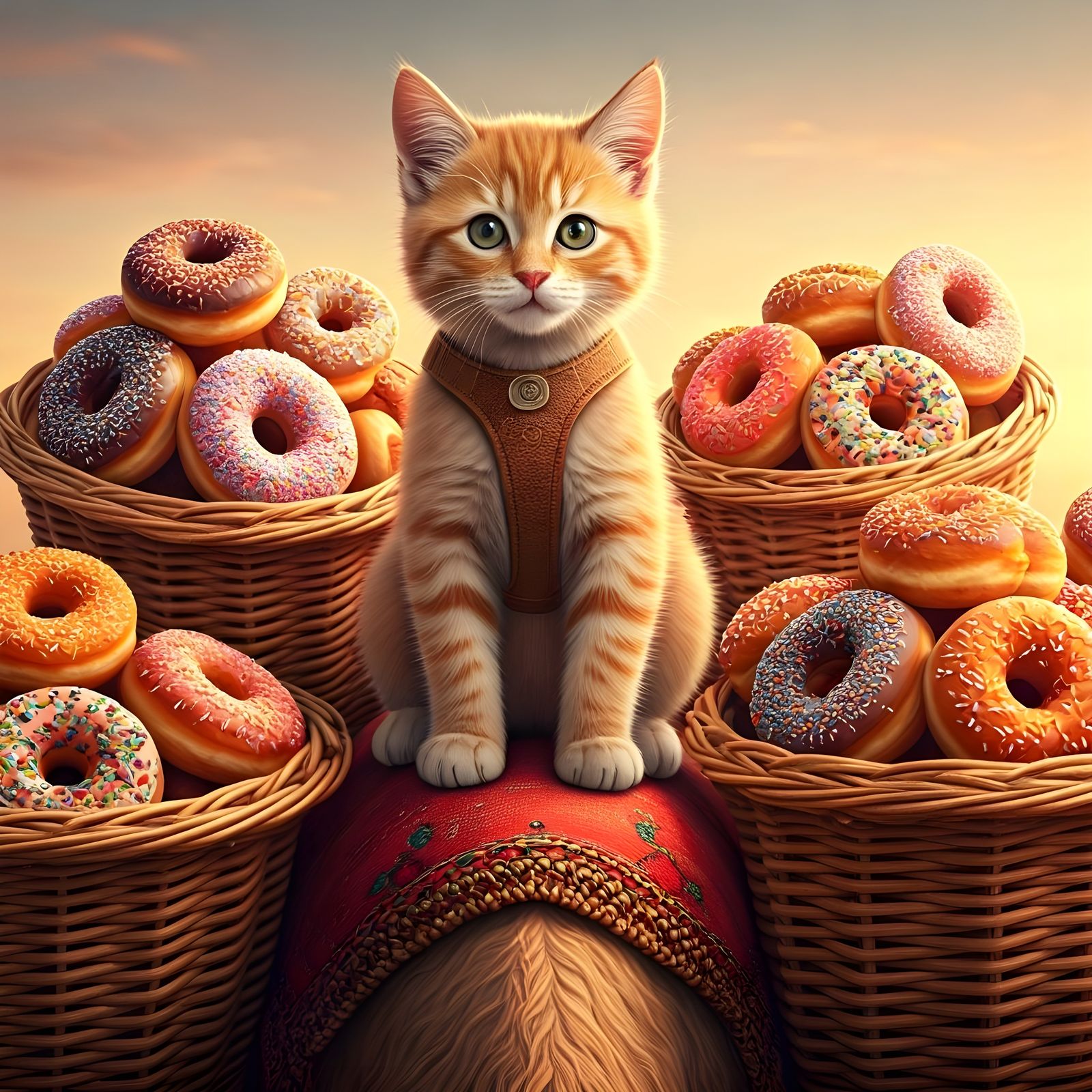 Orange Kitten Rides Donut-Laden Camel