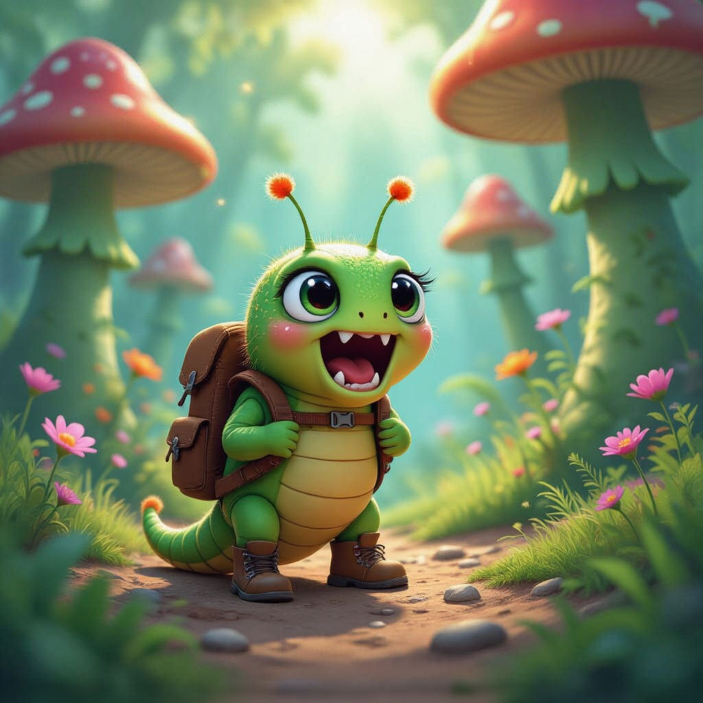 Caterpillar's Awe: Magical Forest in Pixar Style