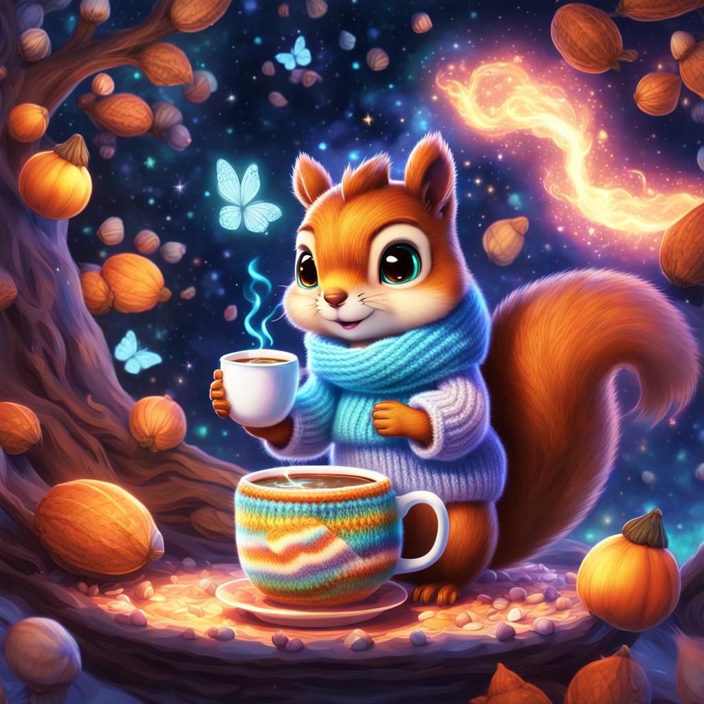 " super cute little fluffy squirrel chibi with a cup of burn...