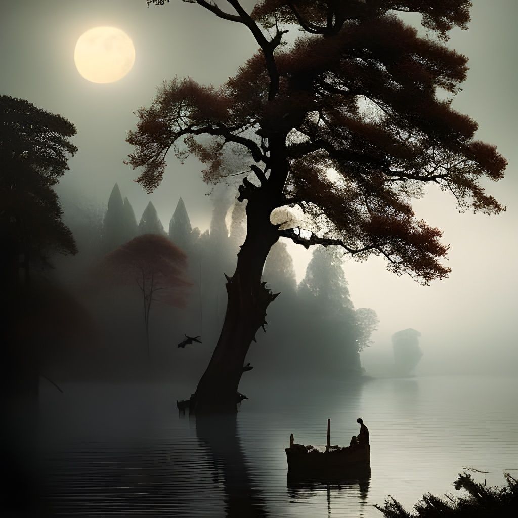 Misty Lake Landscape with Bats in Digital Painting Style