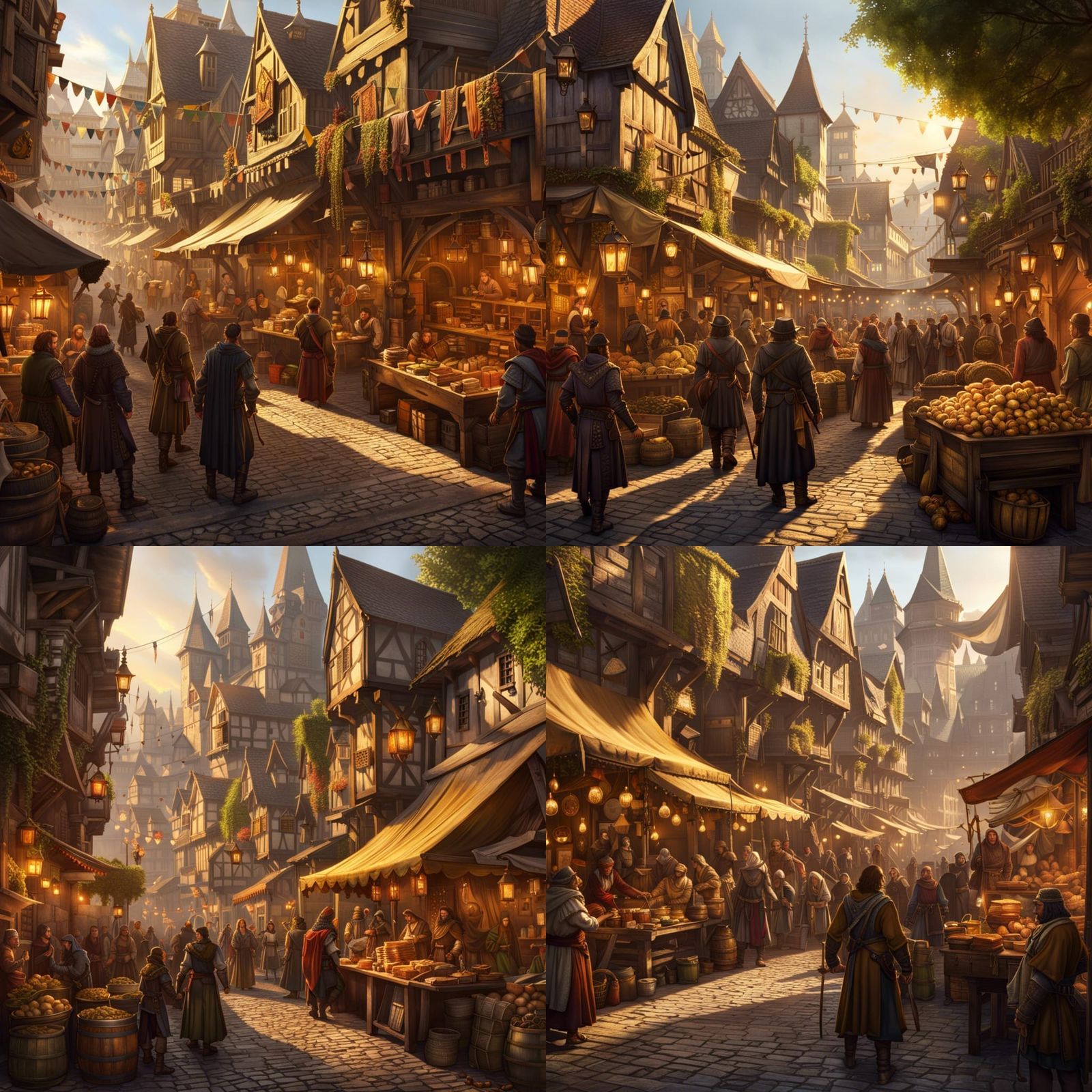 Bustling Medieval Marketplace at Golden Hour