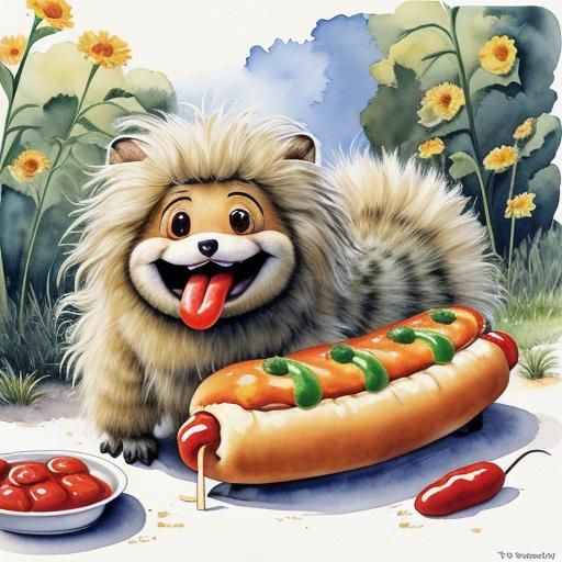 Anthropomorphic Caterpillar on Hotdog, Watercolor Illustrati...