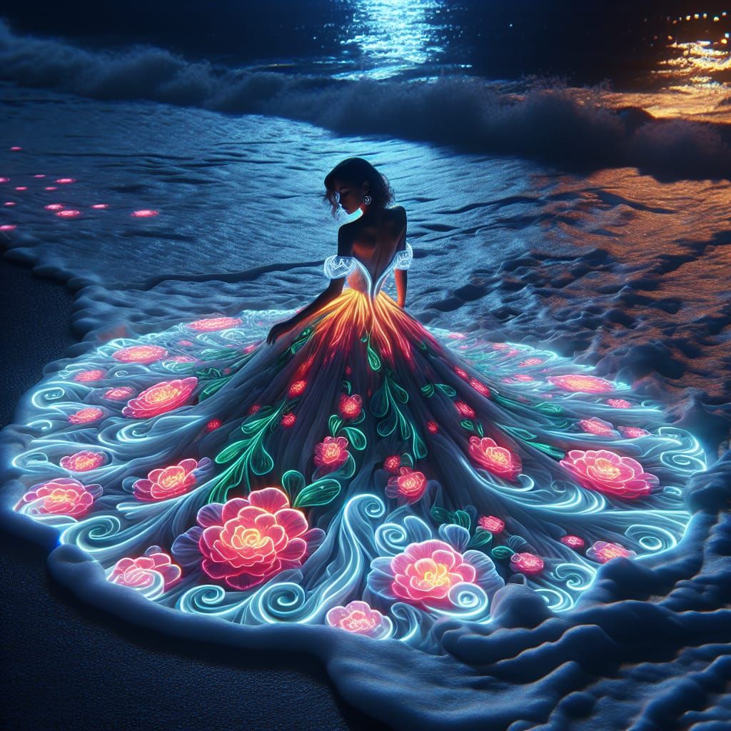 Neon Floral Dress Illuminates Ocean at Night