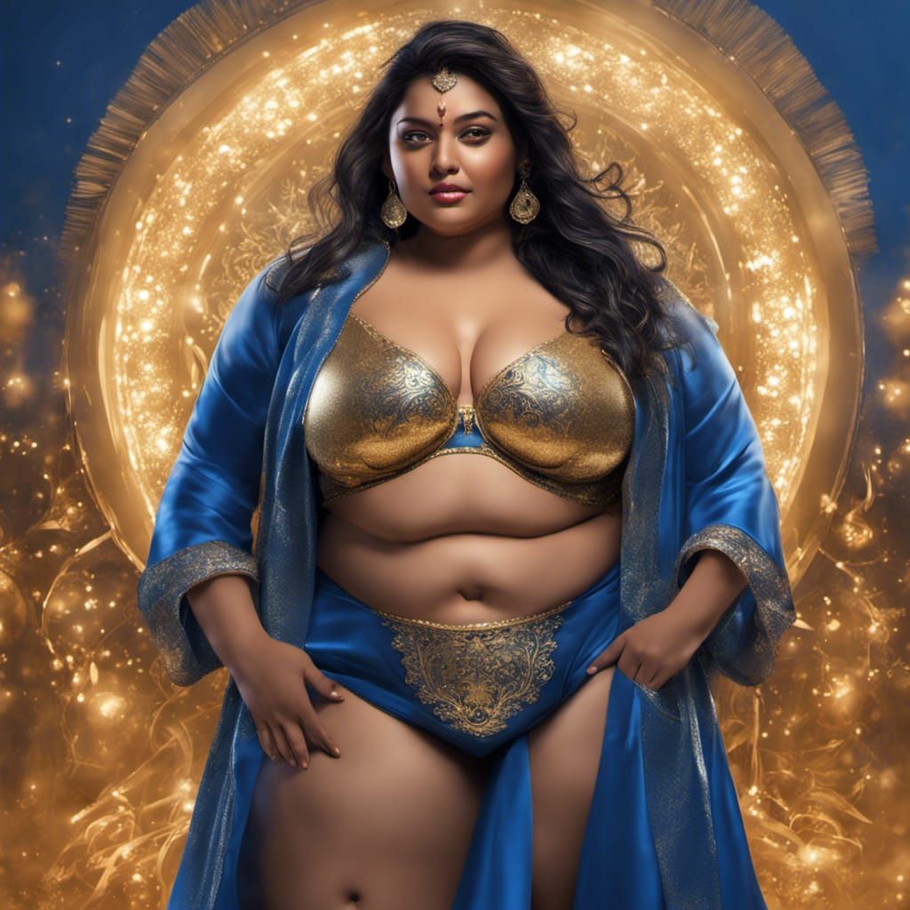 Curvy Indian Woman in Shining Golden Blue Trousers