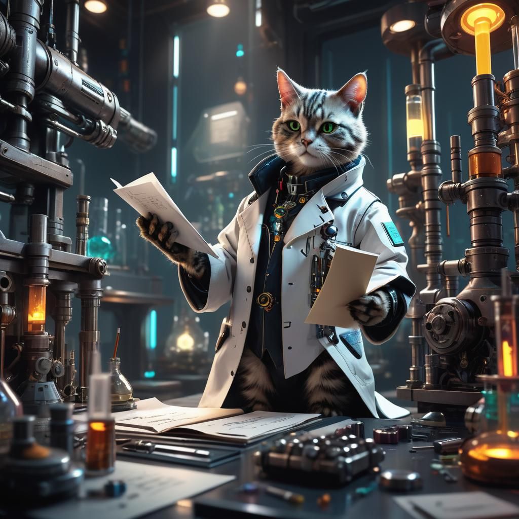 Cyberpunk Alchemist Cat in Laboratory