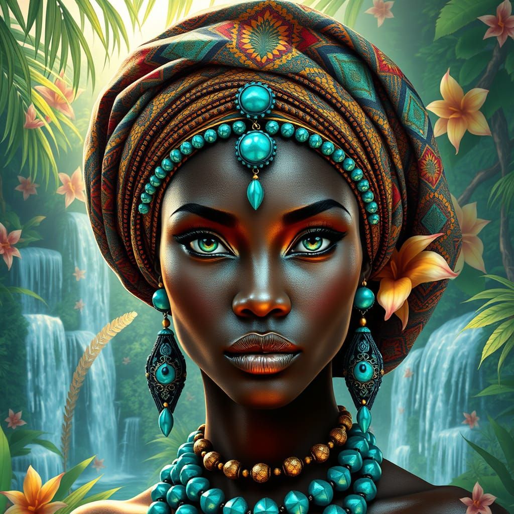 African Goddess in Turquoise Adornments, Radiant with Wisdom...