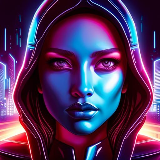 Cyborg Girl Portrait in Neon Cityscape