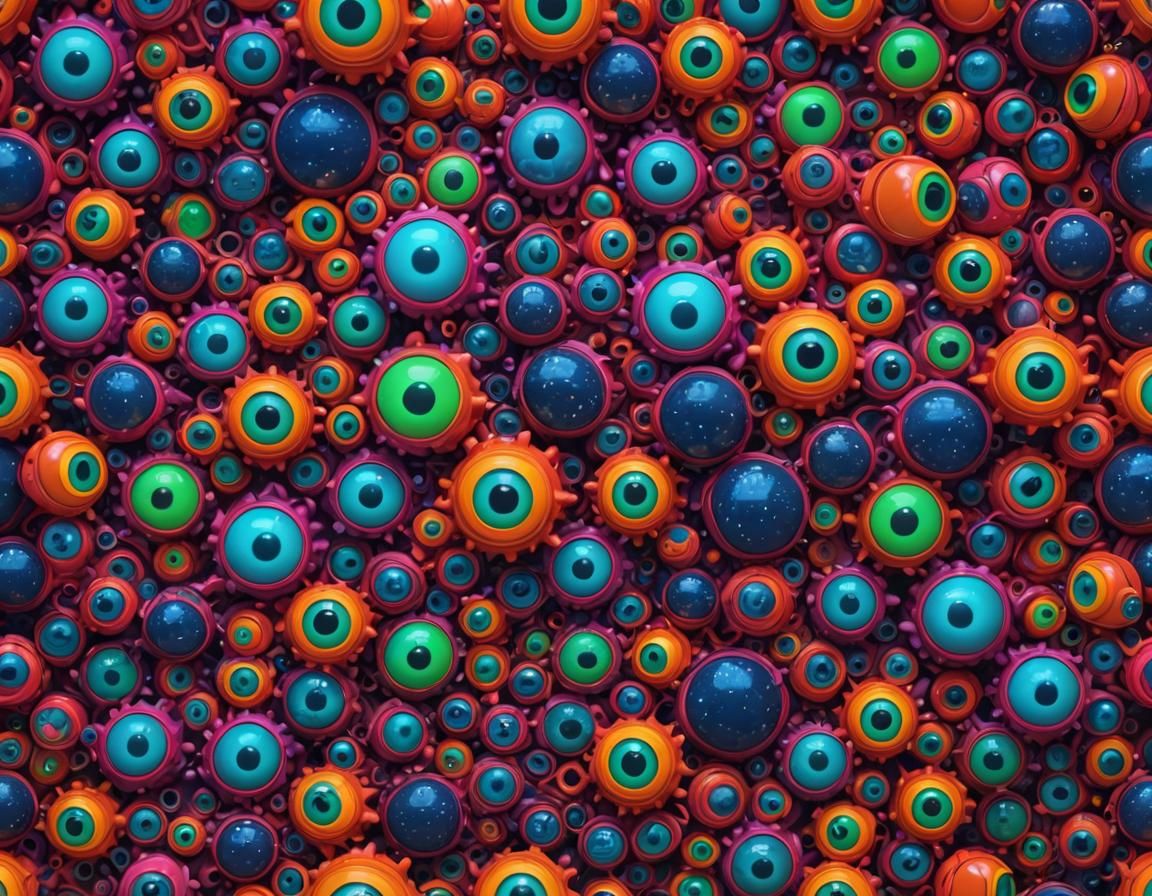 Surreal Eye Sculptures on Alien Planet in Neon
