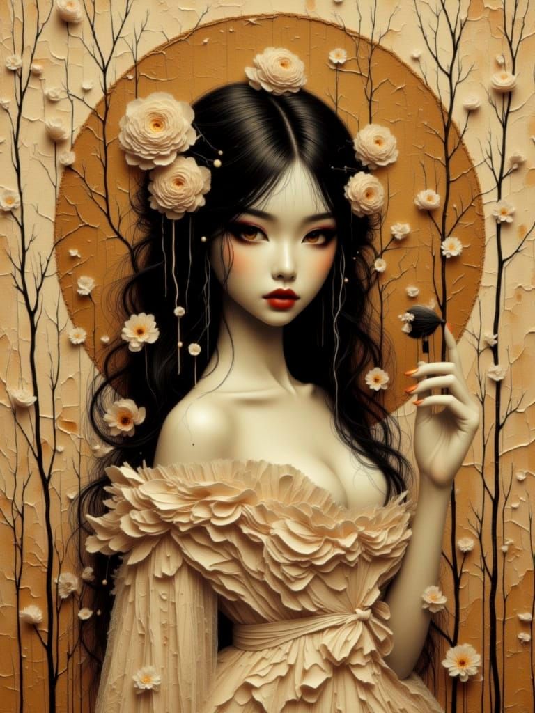 Ethereal Woman with Floral Crown in Sepia Tones