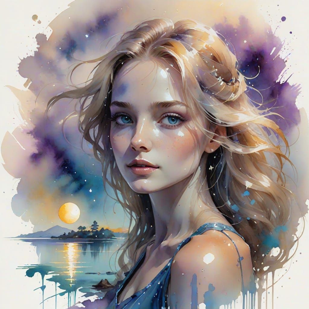 Woman Gazes at Starry Night Sky on Seashore