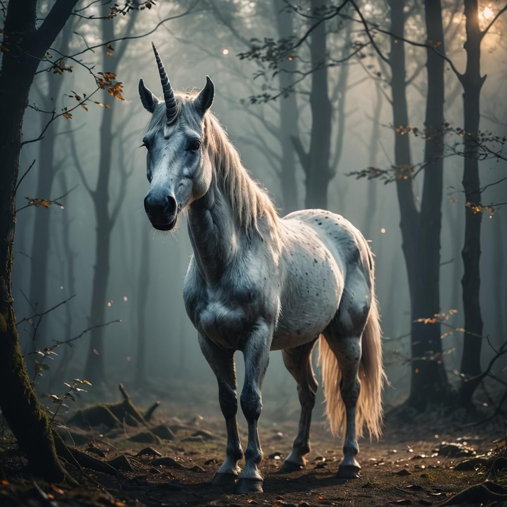 Spooky Unicorn with Glowing Eyes in Misty Forest
