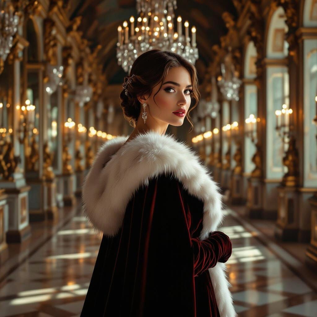 Elegant Woman in Fur-Trimmed Cloak in Hall of Mirrors