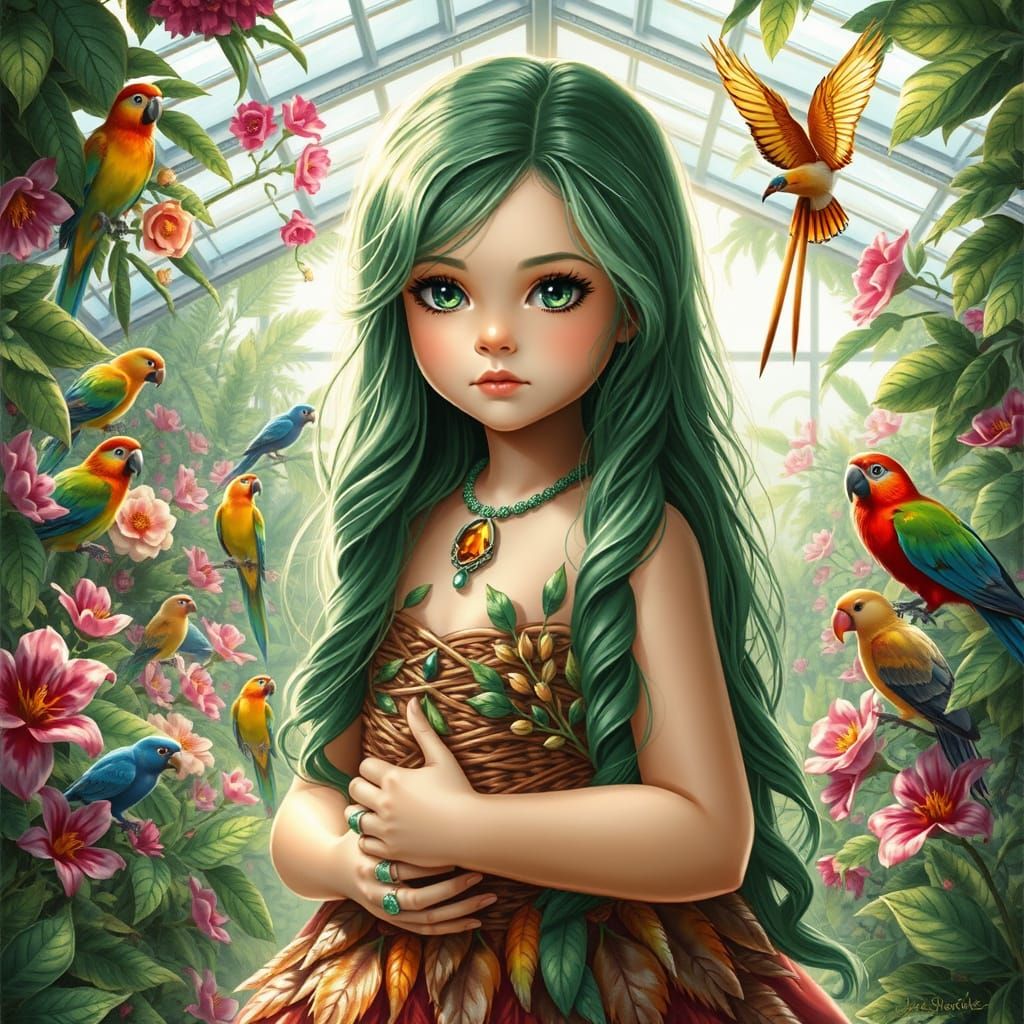Girl with Emerald Hair in Exotic Aviary