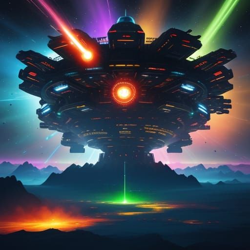 Vibrant Sci-Fi Spaceship Battle with Explosions of Color