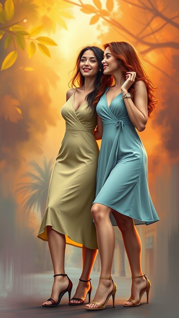 Two Tradwives in Fitted Dresses, Hyperrealistic Digital Art