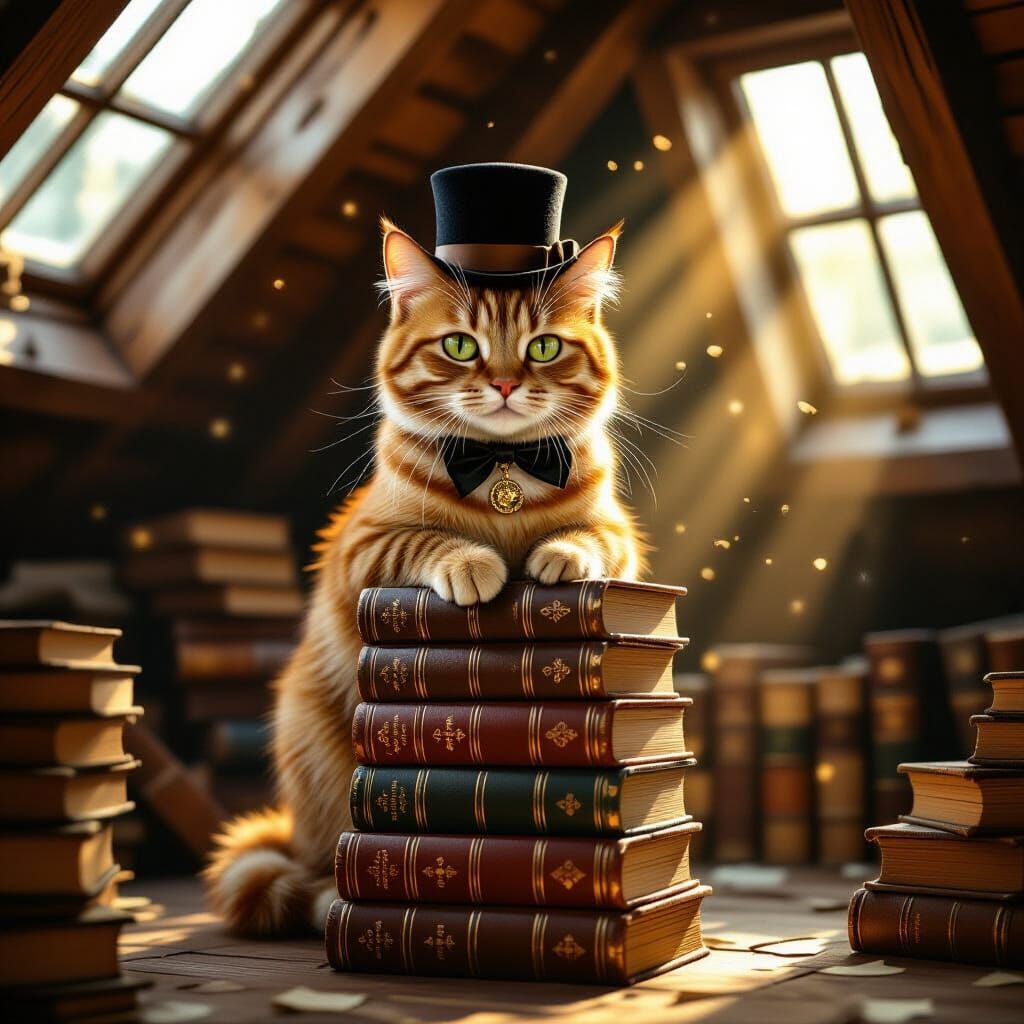 Cat in Bowler Hat on Books, Vintage Illustration Style