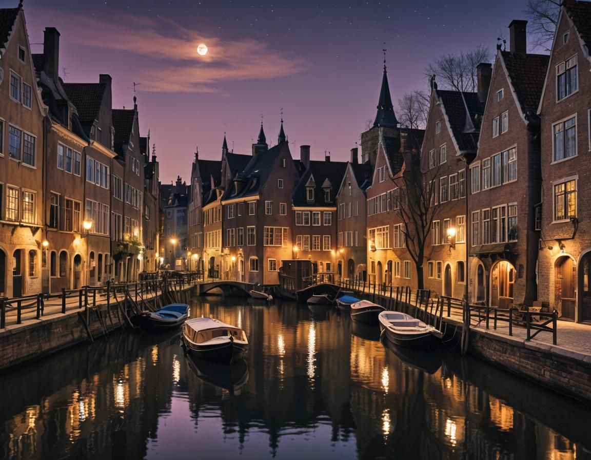 Romantic Canals at Night in Medieval Village