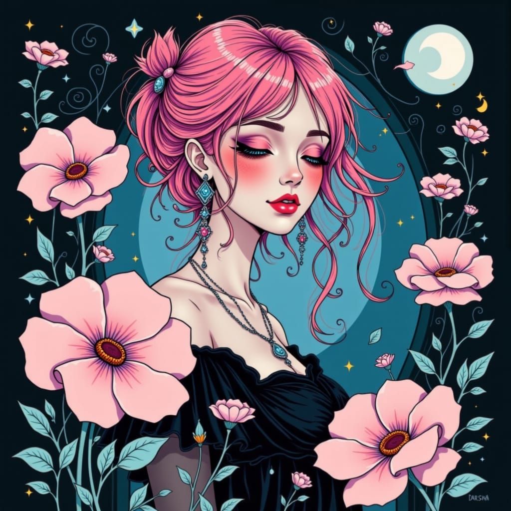 Emo Goth Dreamer with Pink Hair in Pastel Colors