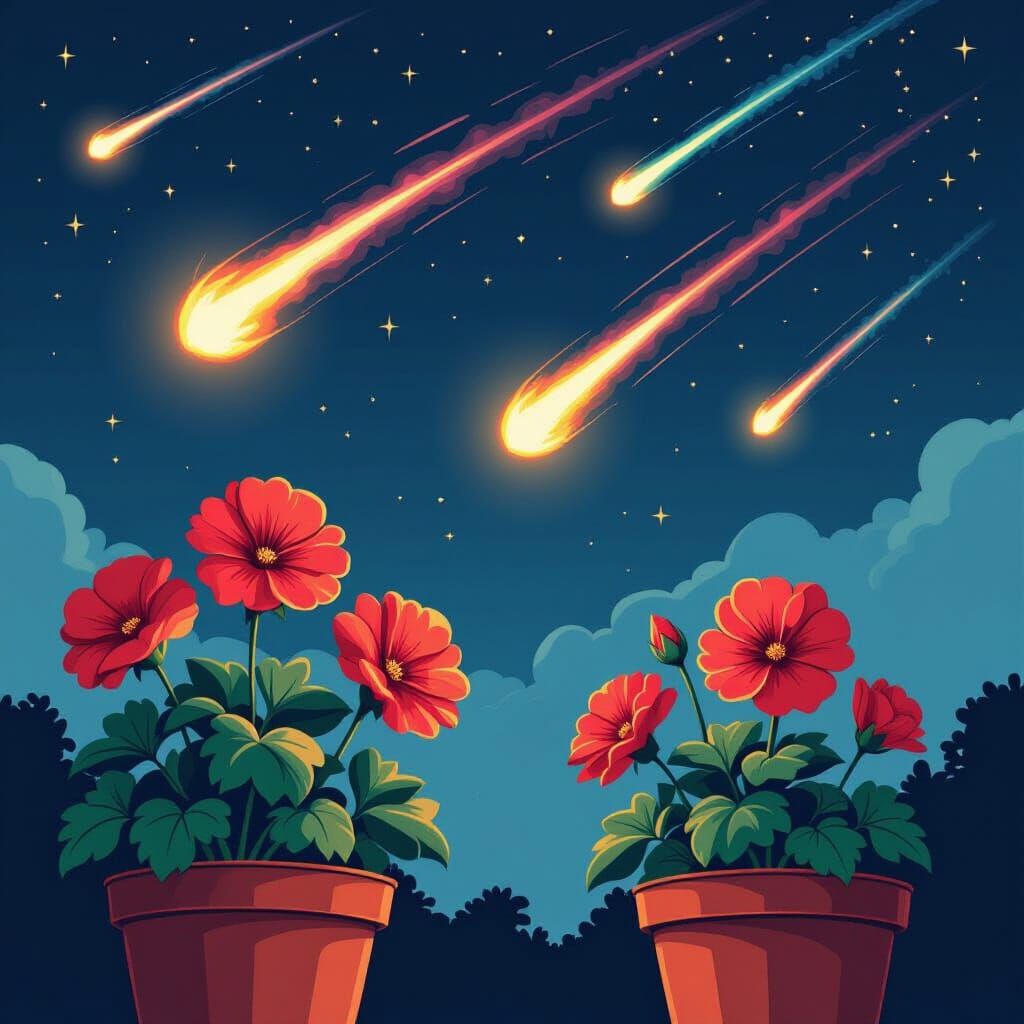 Geraniums Soar Across Night Sky: Comic Book Illustration
