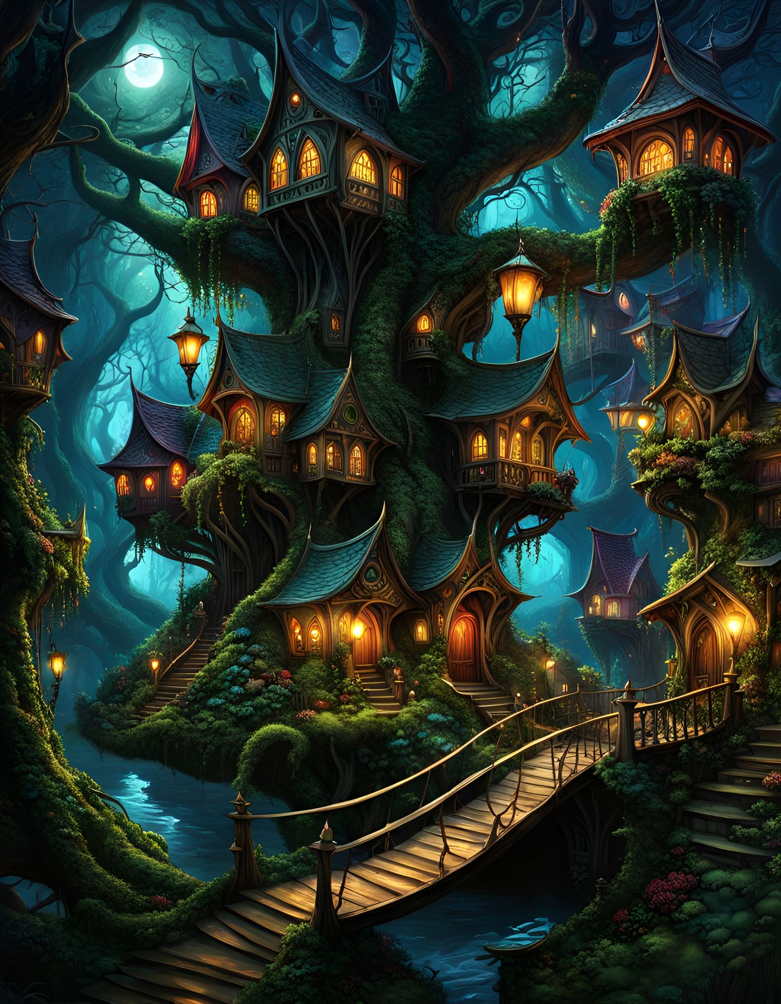 Dark Fantasy Tree City: Elven Village at Night