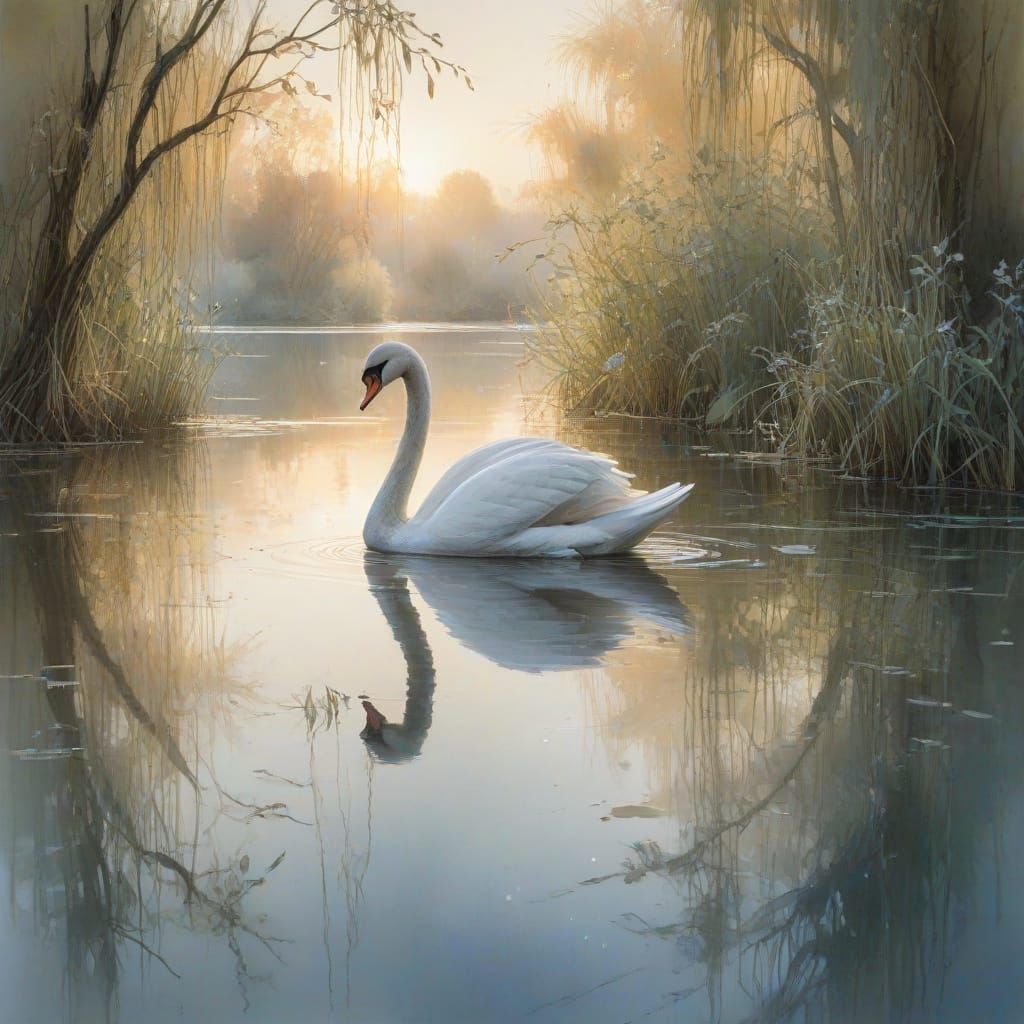 Ethereal Lakeside Dawn with Whispering Willows and Swan