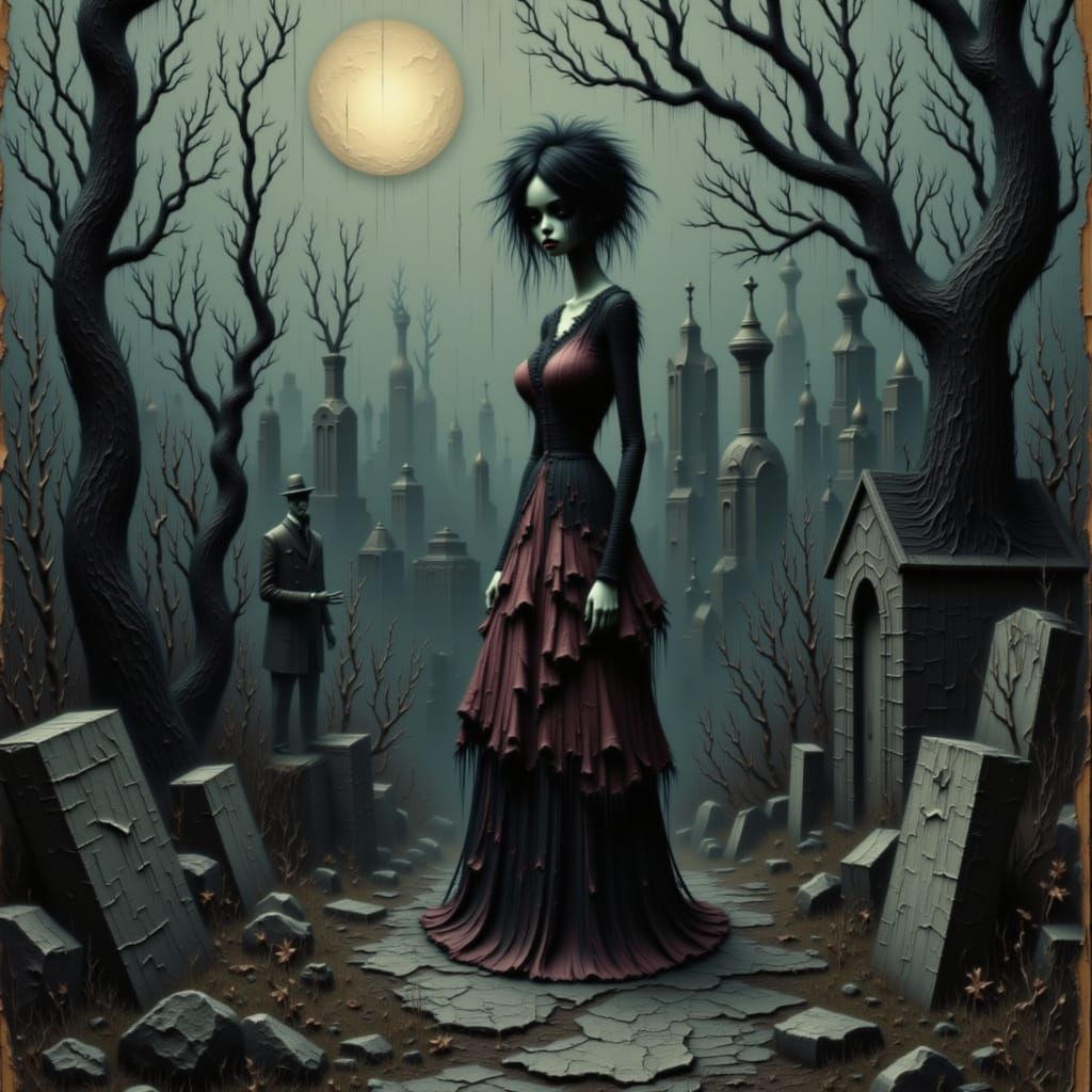 Spectral Alice in Victorian Mourning Attire in Gothic Cemete...