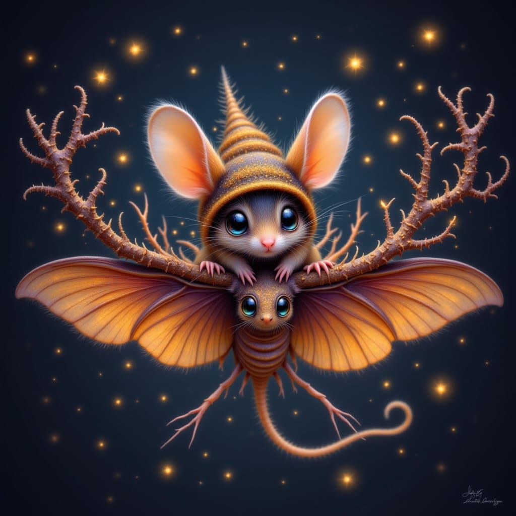 Cute Mouse on Moth Ride in Dark