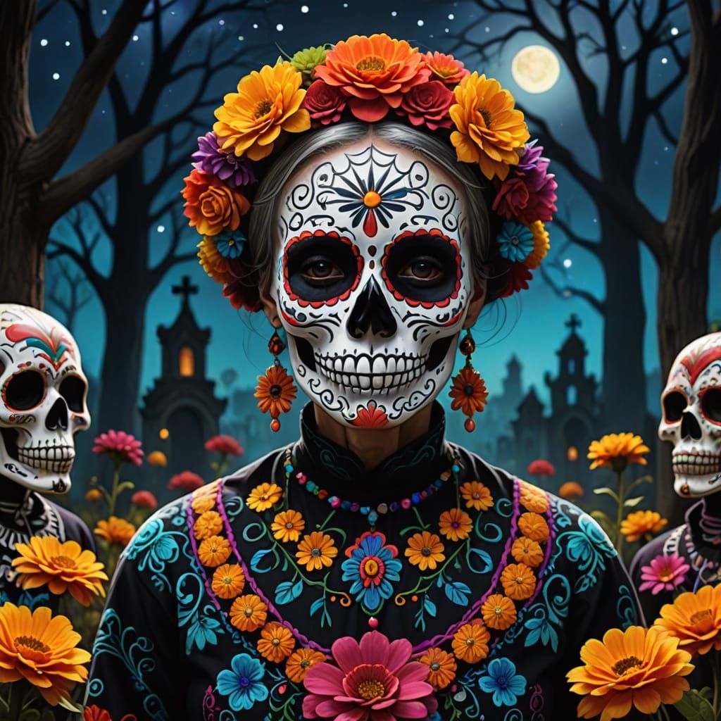 Vibrant Sugar Skull Artwork in the Style of Frida Kahlo