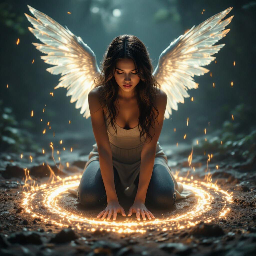 Woman Kneels in Glowing Magic Circle, Ethereal Light