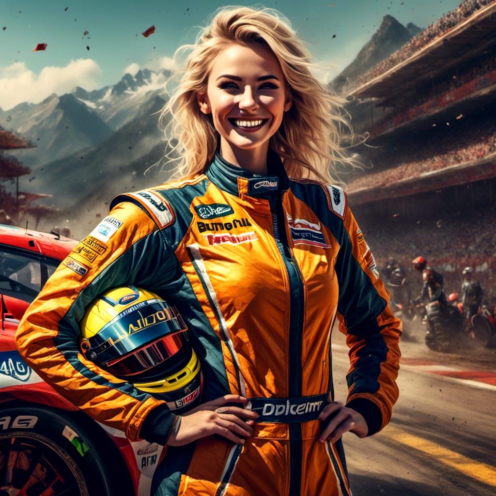 Victorious Blonde Race Car Driver's Joyful Smile